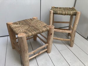 Tabouret marocain en bois massif et tressage naturel