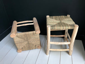 Tabouret marocain en bois massif et tressage naturel