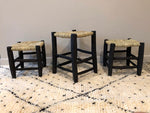 Tabouret marocain en bois massif noir et tressage naturel